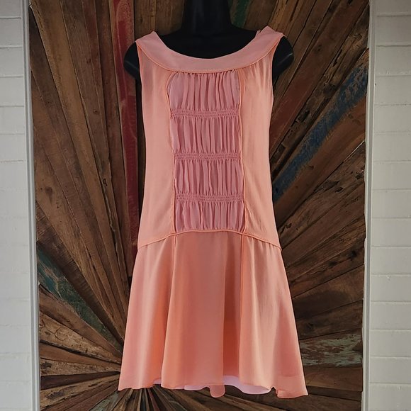 Sundance Boho shirred front drop waist orange grapefruit 100% silk Dress Sz 4 - Picture 1 of 7